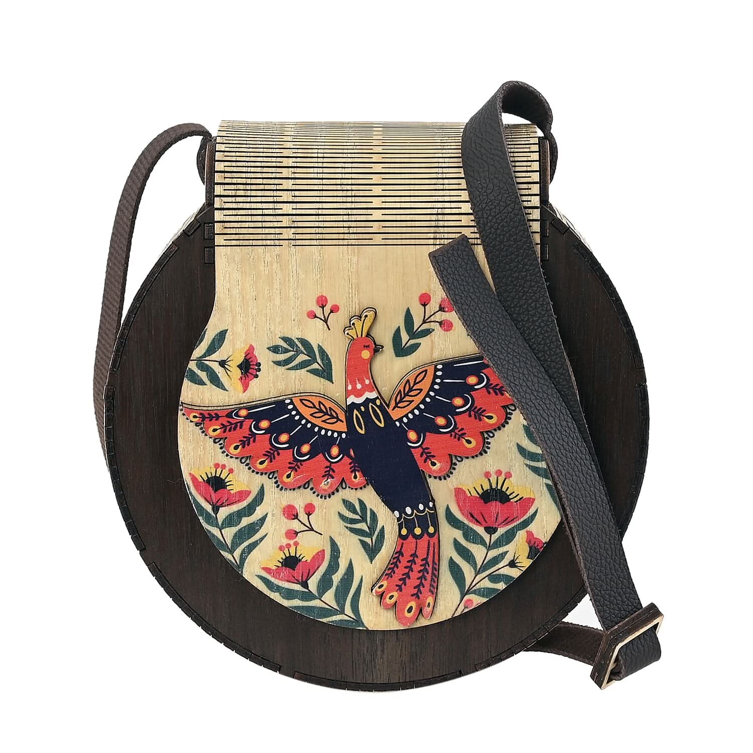 Multi Color Phoenix and Flower Printed Pattern Gift set of Plywood Crossbody Bag with Handmade flower and Greeting Card (6.7"x2.6"x7.5")