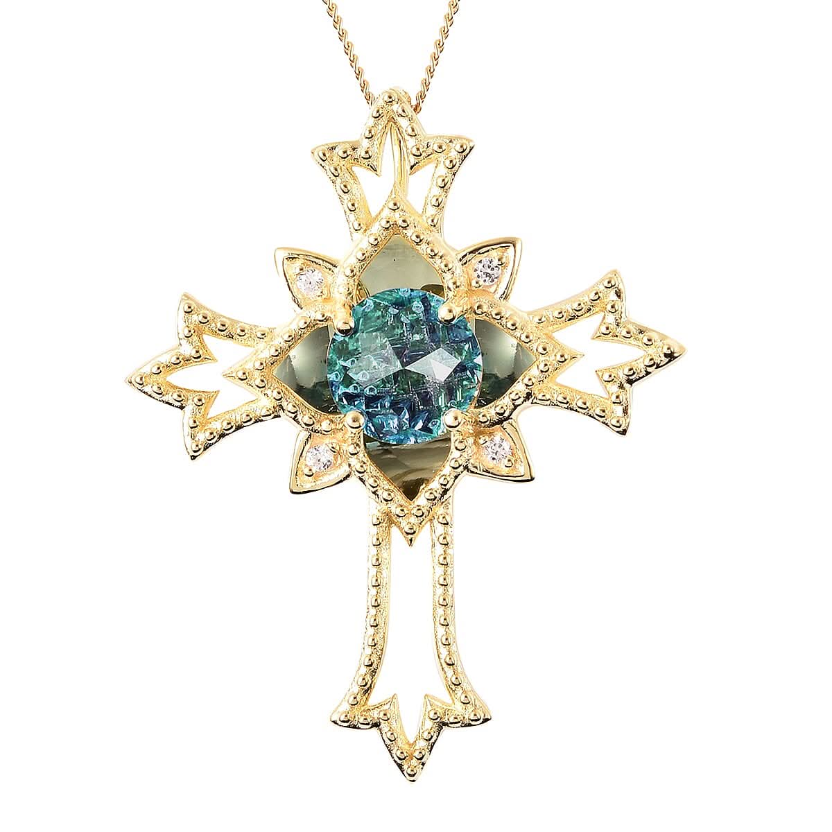 Galatea DavinChi Cut Collection Blue Topaz and Multi Gemstone Cross Pendant Necklace 18 Inches in Vermeil Yellow Gold Over Sterling Silver 2.35 ctw