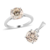 LUSTRO STELLA Made with Finest CZ Solitaire Ring (Size 10) and Pendant in Platinum Over Sterling Silver 6.85 ctw
