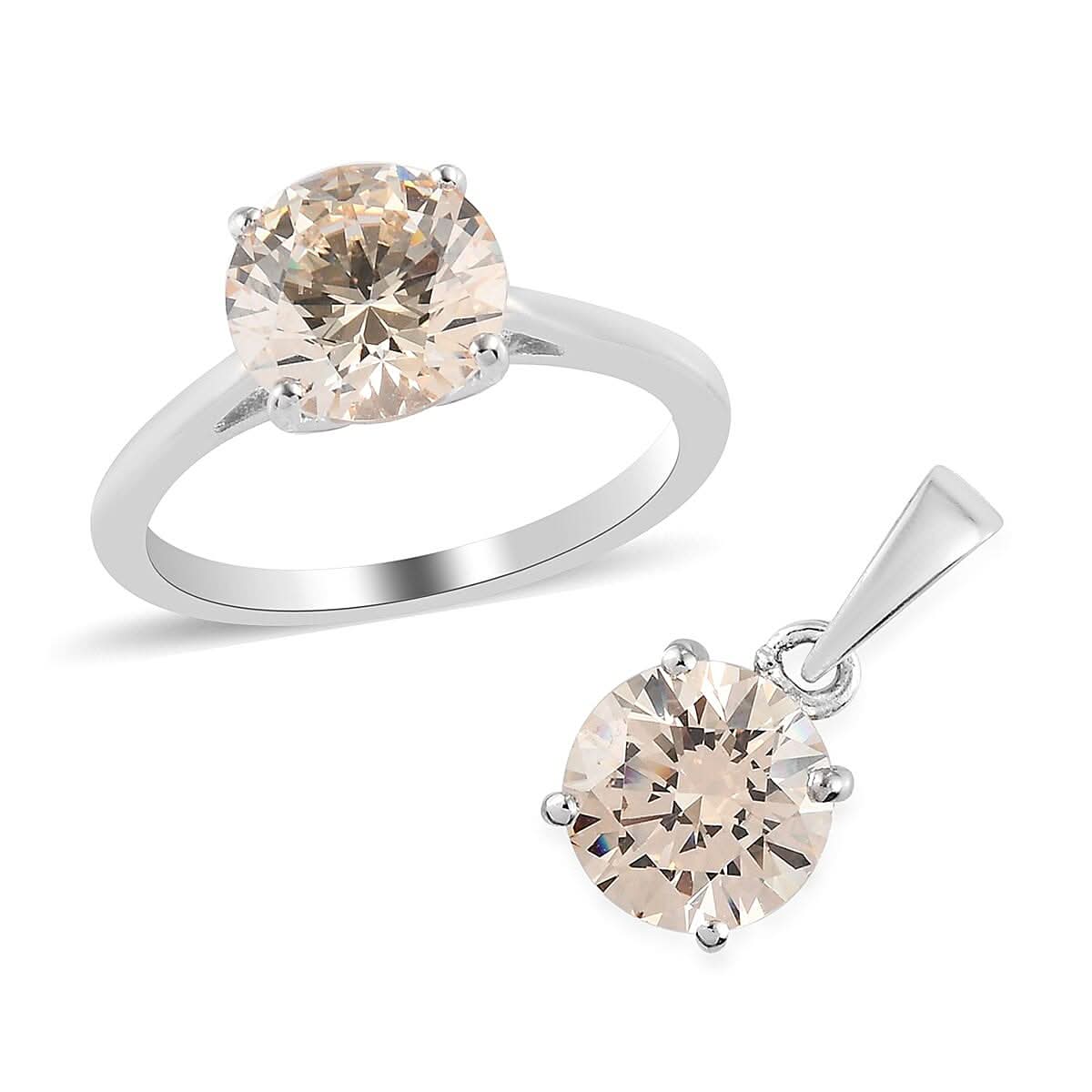 LUSTRO STELLA Made with Finest CZ Solitaire Ring (Size 10) and Pendant in Platinum Over Sterling Silver 6.85 ctw (1)