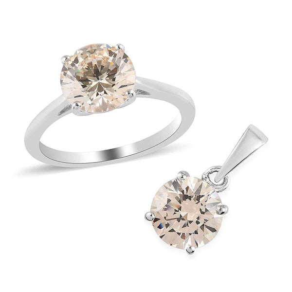 LUSTRO STELLA Made with Finest CZ Solitaire Ring (Size 10) and Pendant in Platinum Over Sterling Silver 6.85 ctw - Product card gallery slide 1 (9431156719871)
