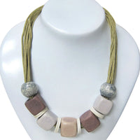 Wooden Beaded Necklace 20 Inches in Silvertone