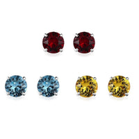 Multi Color Crystal Set of 3 Solitaire Stud Earrings in Sterling Silver