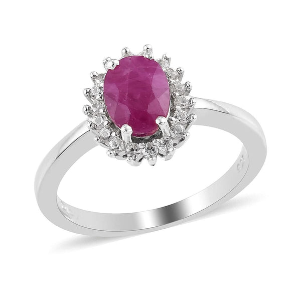Royal Thai Ruby and Zircon Halo Ring in Platinum Over Sterling Silver (Size 8.0) 1.20 ctw - Product card gallery slide 1 (9431154458879)