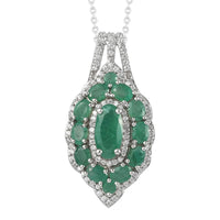 Socoto Emerald and Natural White Zircon Elongated Cocktail Pendant Necklace 20 Inches in Platinum Over Sterling Silver 3.60 ctw