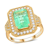 ILIANA 18K Yellow Gold AAA Boyaca Colombian Emerald and G-H SI Diamond Ring (Size 7.0) 6.90 Grams 4.80 ctw