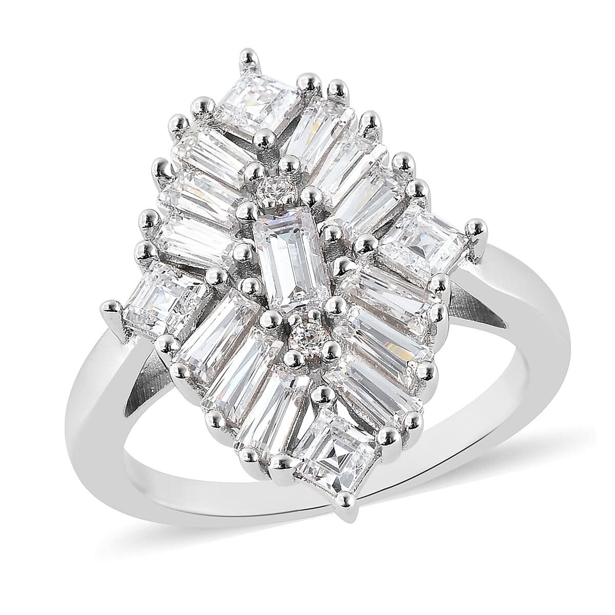 LUSTRO STELLA Made with Finest CZ Elongated Ring in Rhodium Over Sterling Silver 3.50 ctw