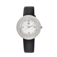 EON 1962 White Crystal Swiss Movement MOP Dial Watch in Sterling Silver with Black Leather Strap 19 Grams