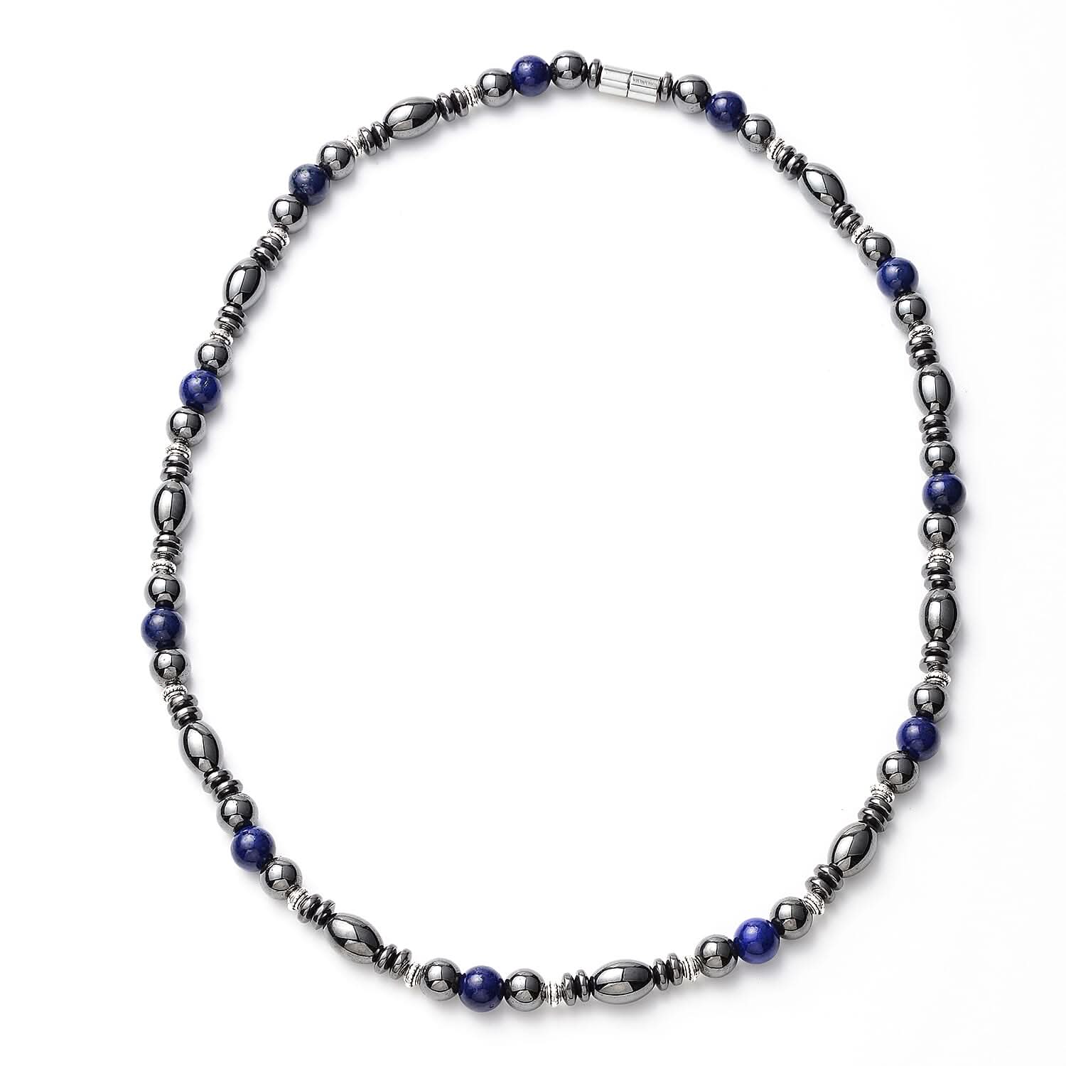 Valentine Special Deal Lapis Lazuli and Hematite Beaded Necklace 22 Inches in Silvertone 25.00 ctw