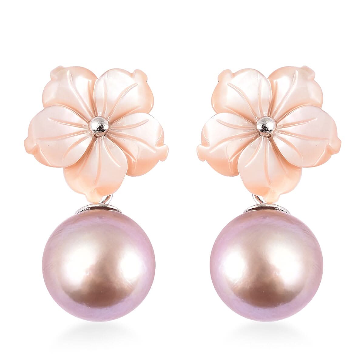 JARDIN COLLECTION Mother Of Pearl Carved and Purple Edison Pearl Flower Earrings in Rhodium Over Sterling Silver
