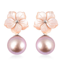 JARDIN COLLECTION Mother Of Pearl Carved and Purple Edison Pearl Flower Earrings in Rhodium Over Sterling Silver