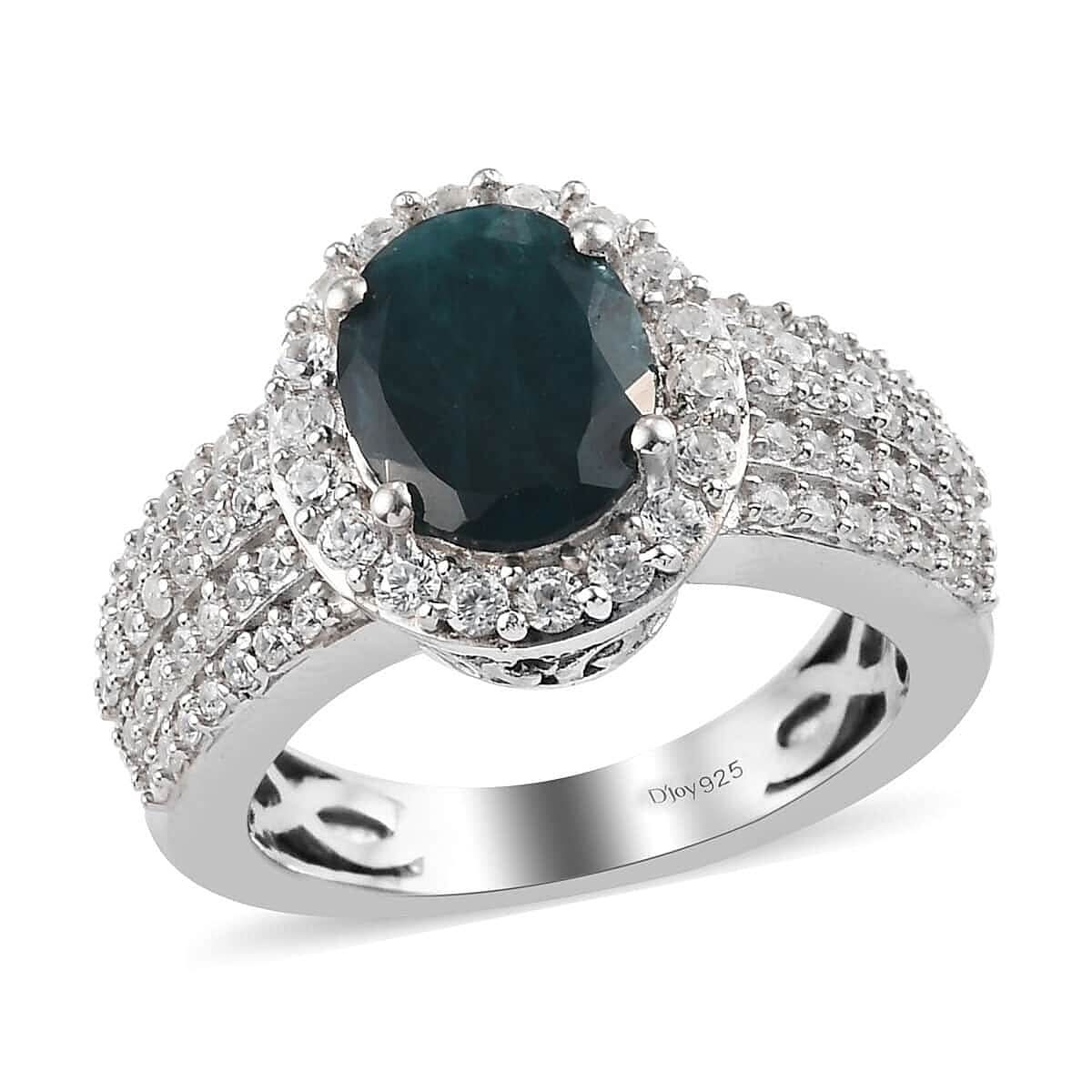 Teal Grandidierite and Zircon Ring in Platinum Over Sterling Silver (Size 10.0) 2.85 ctw