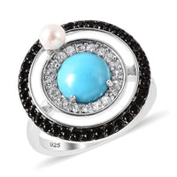 AMERICAN Natural Sleeping Beauty Turquoise and Multi Gemstone Movable Pearl Ring in Rhodium & Sterling Silver (Size 9.0) 3.10 ctw
