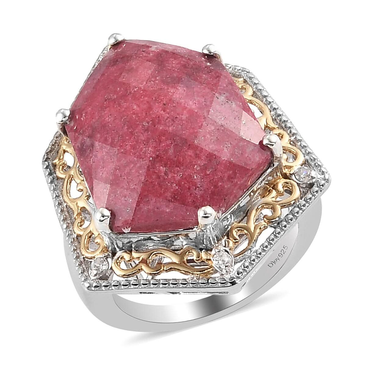 14.60 ctw Norwegian Thulite and Zircon Fancy Ring in Vermeil YG and Platinum Over Sterling Silver (Size 9.0) 8.35 Grams (1)