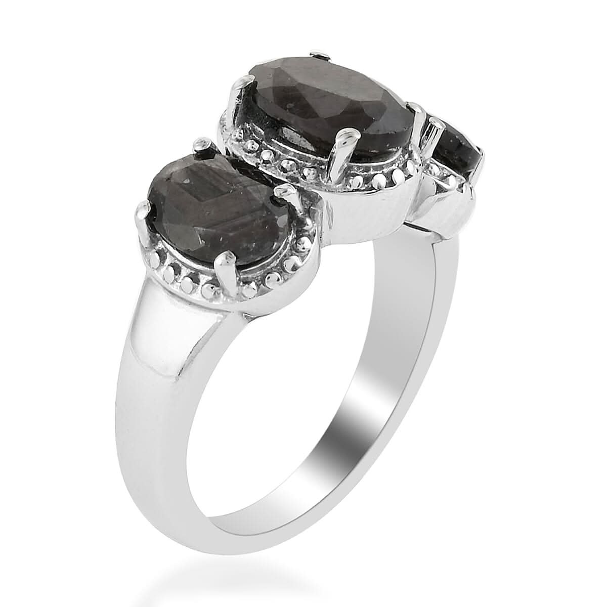 Natural Silver Sapphire 3 Stone Ring in Stainless Steel (Size 10.0) 3.65 ctw (3)