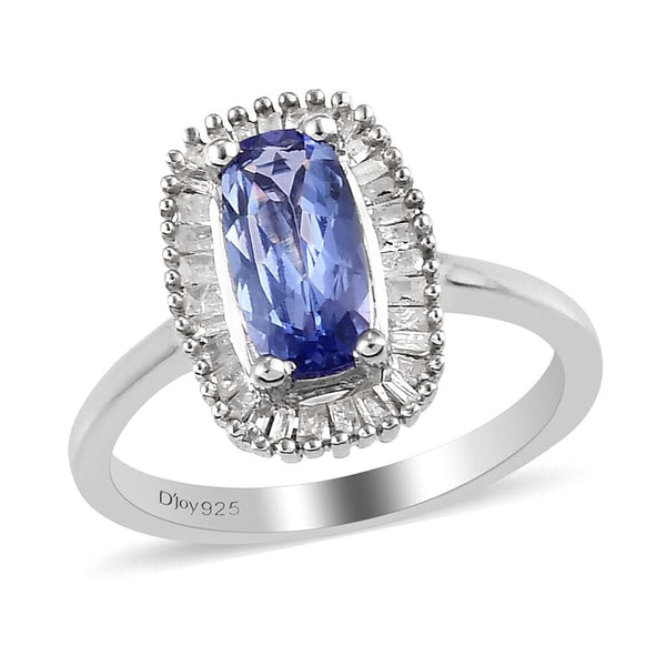 Elongated Tanzanite and Diamond Halo Ring in Platinum Over Sterling Silver (Size 7.0) 1.20 ctw - Product card gallery slide 1 (9431223861503)