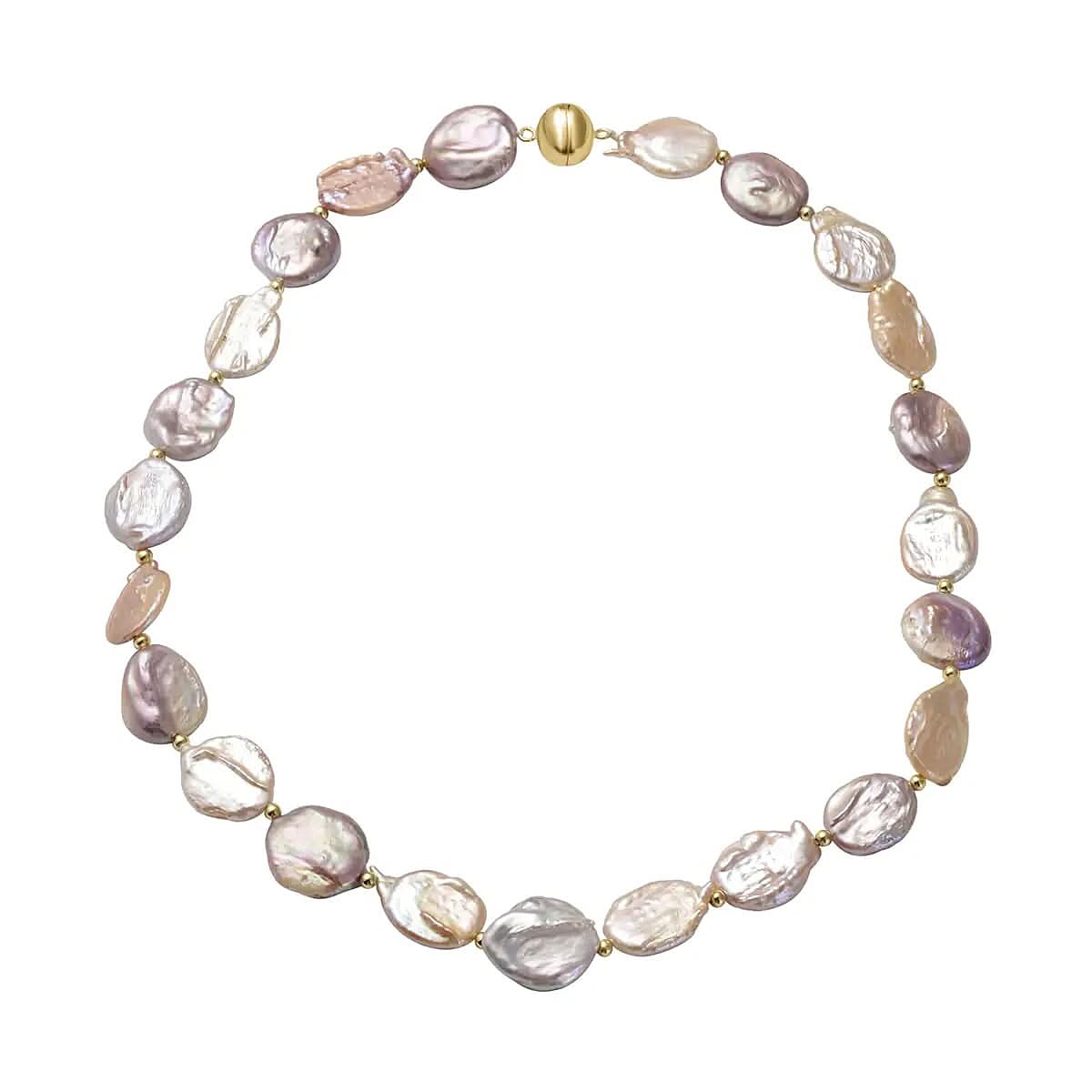 Multi Color Coin Freshwater Cultured Pearl Necklace (20 Inches) in 14K YG Over Sterling Silver