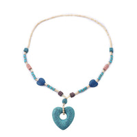 Multi Color Lava, Freshened White and Blue Howlite Beaded Necklace with Heart Charm 28 Inches in Silvertone 230.00 ctw