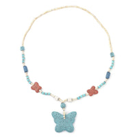 Multi Color Lava, White and Blue Howlite Beaded Necklace with Butterfly Charm 28 Inches in Silvertone 218.00 ctw