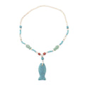 Multi Color Lava, White and Blue Howlite Beaded Necklace with Fish Charm 28 Inches in Silvertone 221.50 ctw - Sticky add to cart bar
