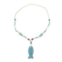 Multi Color Lava, White and Blue Howlite Beaded Necklace with Fish Charm 28 Inches in Silvertone 221.50 ctw