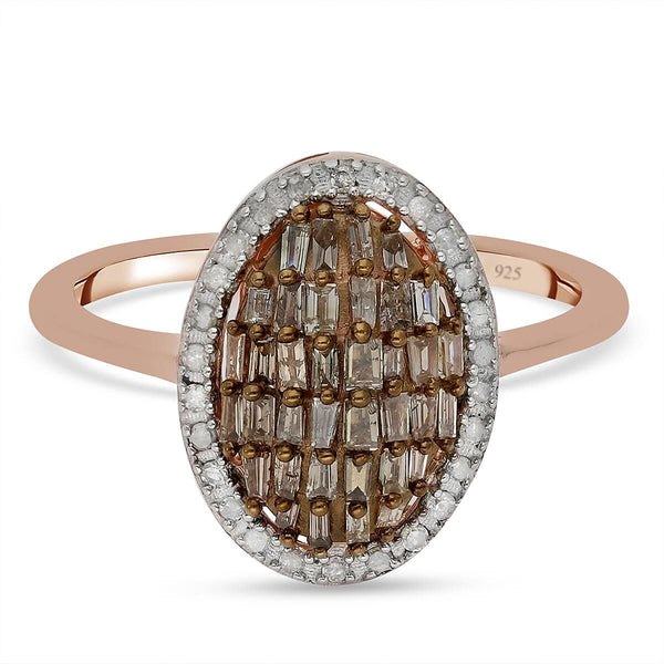Natural Champagne Diamond and Diamond Oval Shape Cluster Ring in Rhodium & Vermeil Rose Gold Over Sterling Silver (Size 9.0) 0.50 ctw - Product card gallery slide 1 (9431204069631)