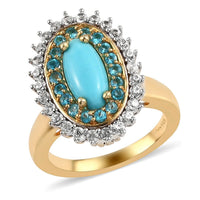 Natural Arizona Sleeping Beauty Turquoise and Multi Gemstone Double Halo Ring in Vermeil Yellow Gold Over Sterling Silver 1.75 ctw