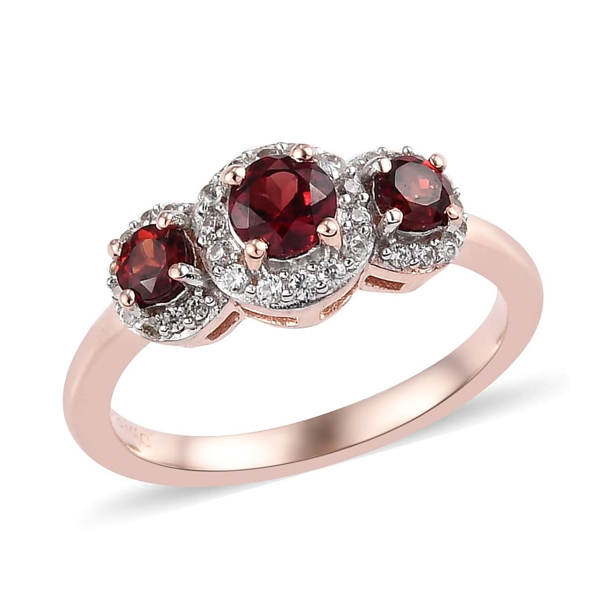 Anthill Garnet and White Zircon Trilogy Ring in Vermeil Rose Gold Over Sterling Silver (Size 5.0) 0.90 ctw