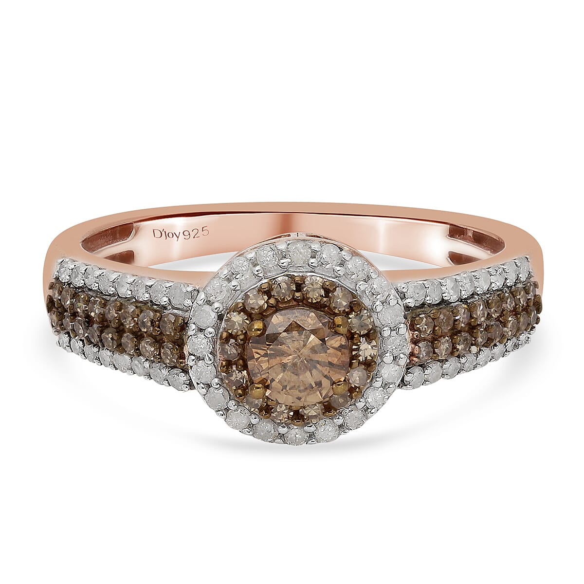 Natural Champagne and White Diamond Ring in Vermeil Rose Gold Over Sterling Silver 1.00 ctw
