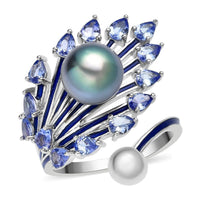 Tahitian Cultured Pearl 9-10mm, Tanzanite Peacock Feather Ring in Rhodium Over Sterling Silver (Size 9.0) (7.35 g) 2.15 ctw