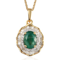 AAA Kagem Zambian Emerald and Diamond Cocktail Pendant Necklace 20 Inches in Vermeil Yellow Gold Over Sterling Silver 1.65 ctw