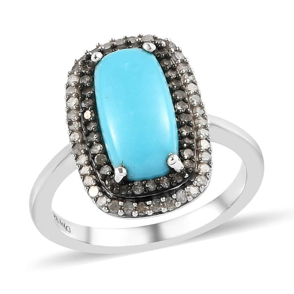 Natural Arizona Sleeping Beauty Turquoise, Natural Champagne and White Diamond Double Halo Ring in Platinum Over Sterling Silver 2.35 ctw - Product card gallery slide 1 (9431210688767)
