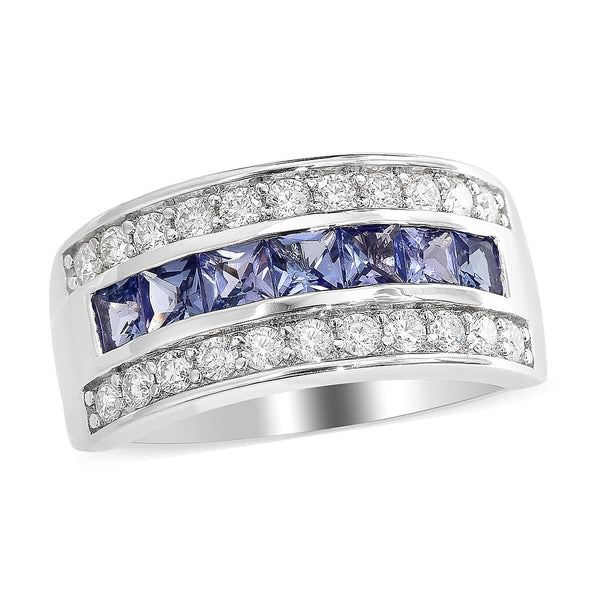 Tanzanite and Moissanite Half Eternity Band Ring in Rhodium Over Sterling Silver 1.80 ctw - Product card gallery slide 1 (9431357194495)