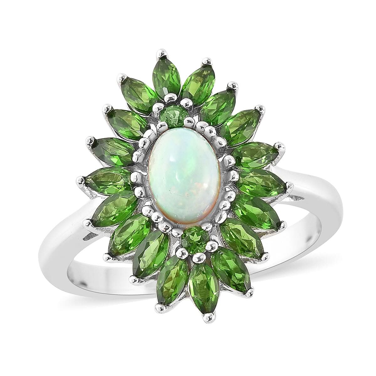 Ethiopian Welo Opal and Multi Gemstone Floral Ring in Rhodium Over Sterling Silver (Size 11.0) 2.15