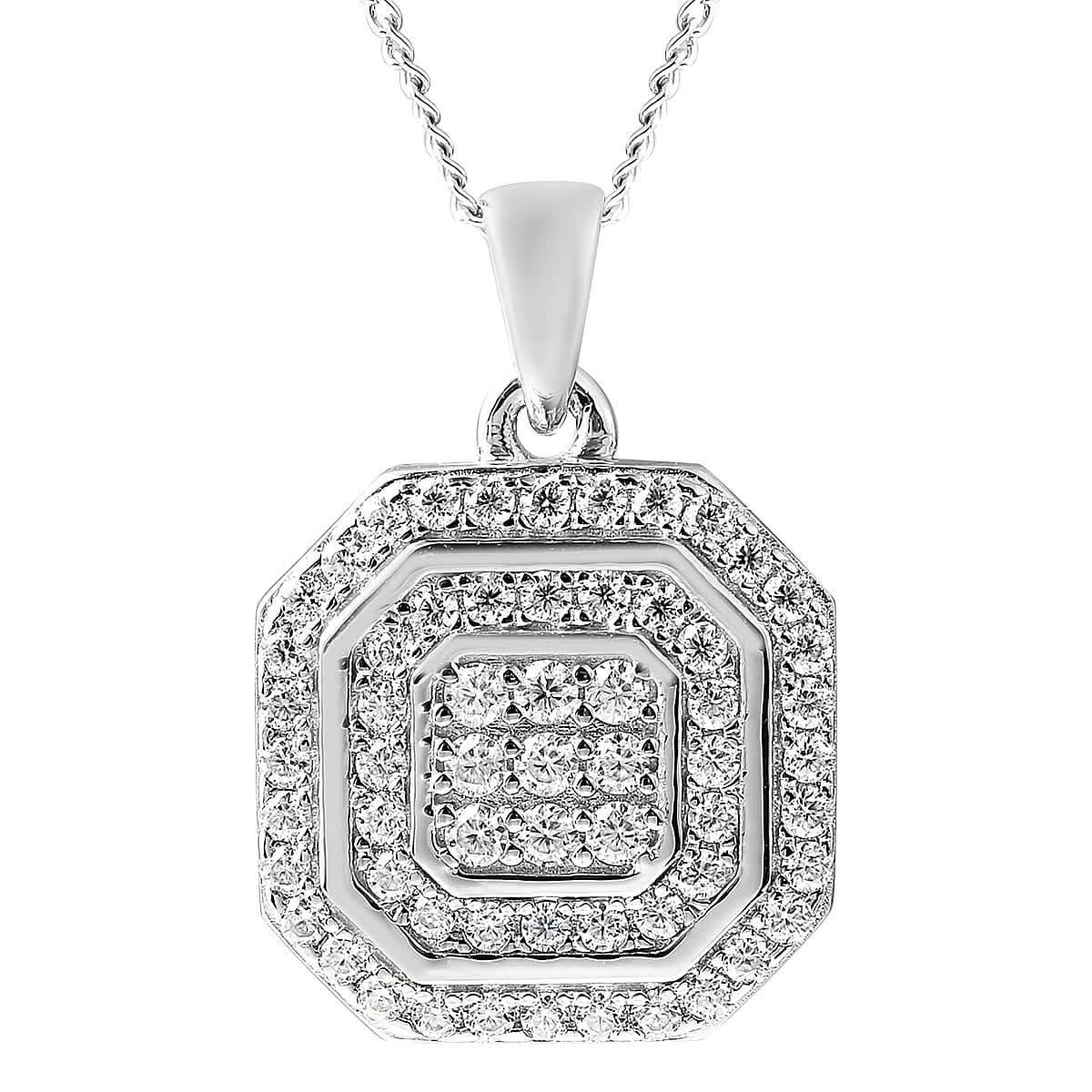 Moissanite Double Halo Stud Pendant Necklace 18 Inches in Rhodium Over Sterling Silver 0.60 ctw