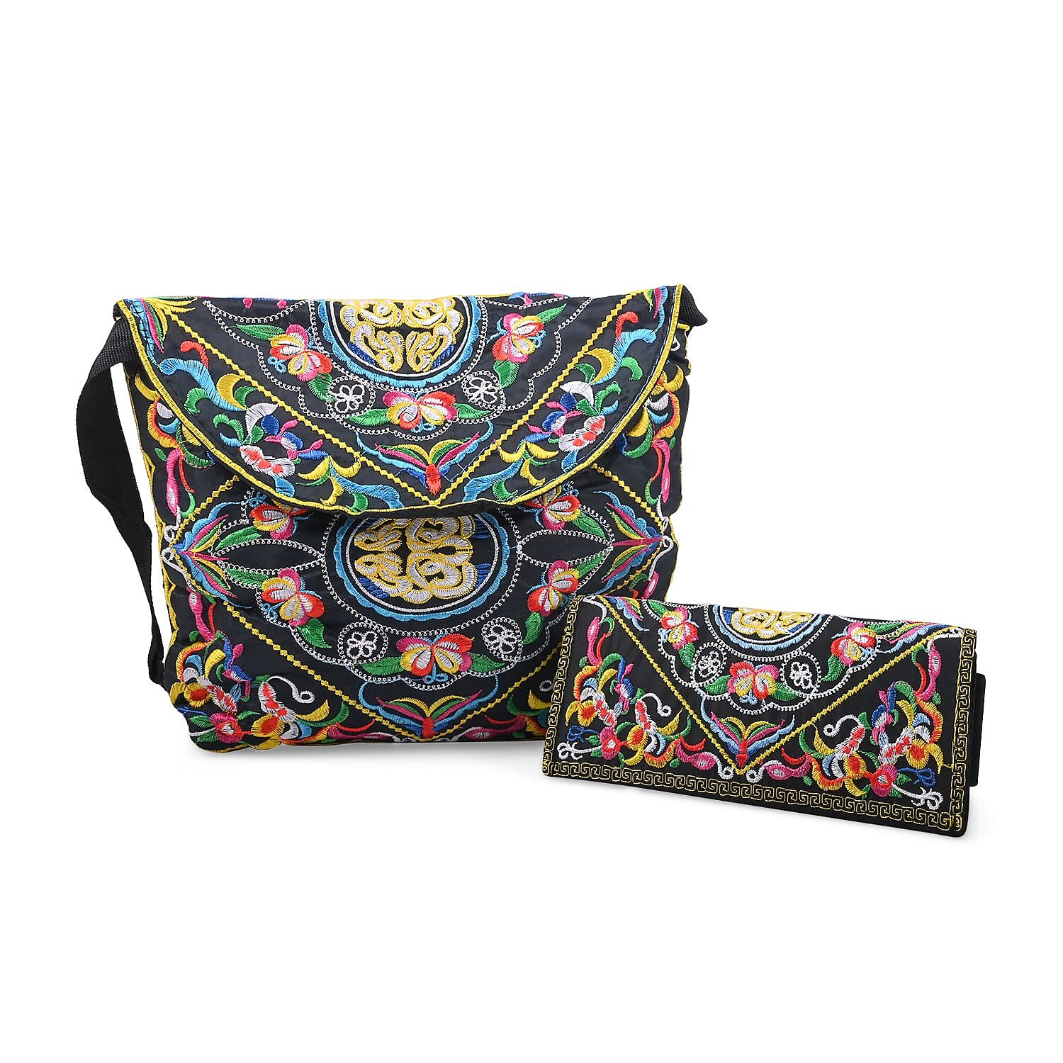 Set of 2pcs Blue Mix Pink Embroidery Pattern 100% Polyester Sling Bag (12"x9"x2") and Purse (7.5"x3.5"x0.8")