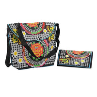 TLV Red and Yellow Floral Embroidey Pattern 100% Polyester Sling Bag (12"x9"x2") and Purse (7.5"x3.5"x0.8")