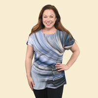 TAMSY Indigo Wave Pattern Drop Sleeve Woven & Knit Top
