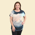 TAMSY Indigo Brush Stroke Pattern Drop Sleeve Woven and Knit Top - Sticky add to cart bar