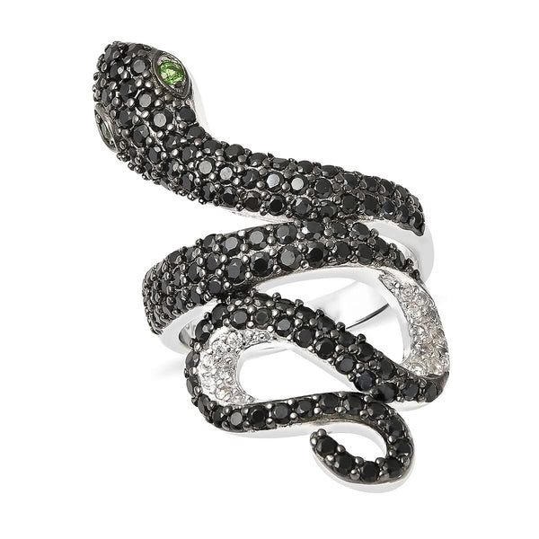 Natural Russian Diopside, Natural Thai Black Spinel, White Zircon Snake Ring in Rhodium Over Sterling Silver (Size 10.0) (8.05 g) 2.65 ctw - Product card gallery slide 1 (9431380295935)
