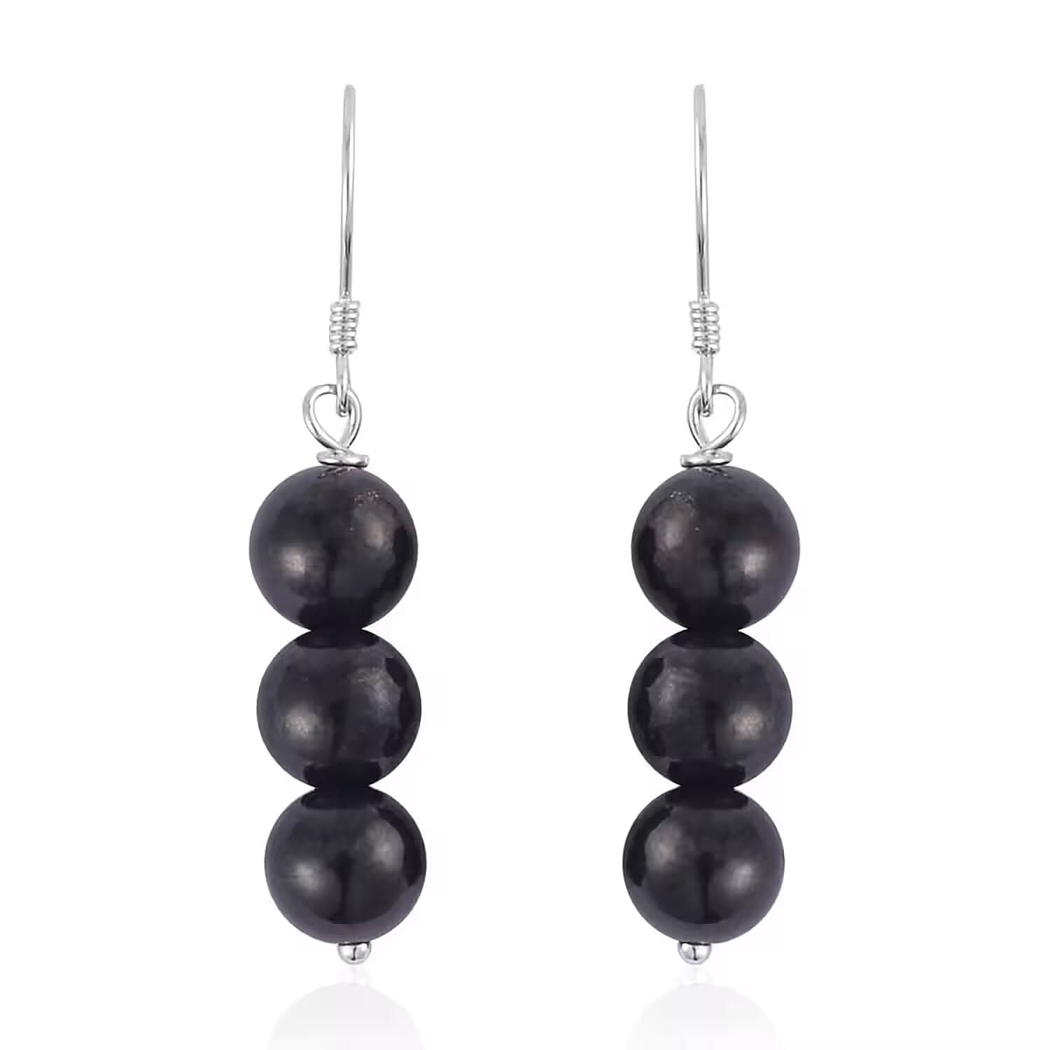 Shungite 7-9mm Beaded Dangle Earrings in Rhodium Over Sterling Silver 17.50 ctw