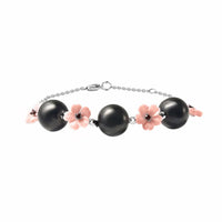 Shungite, Pink Mother Of Pearl Carved and Mozambique Garnet Floral Bracelet in Rhodium Over Sterling Silver (8.00 In) 32.40 ctw