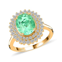One of a Kind ILIANA 18K Yellow Gold AAA Boyaca Colombian Emerald and Diamond G-H SI Sunburst Ring 5.40 Grams 3.00 ctw