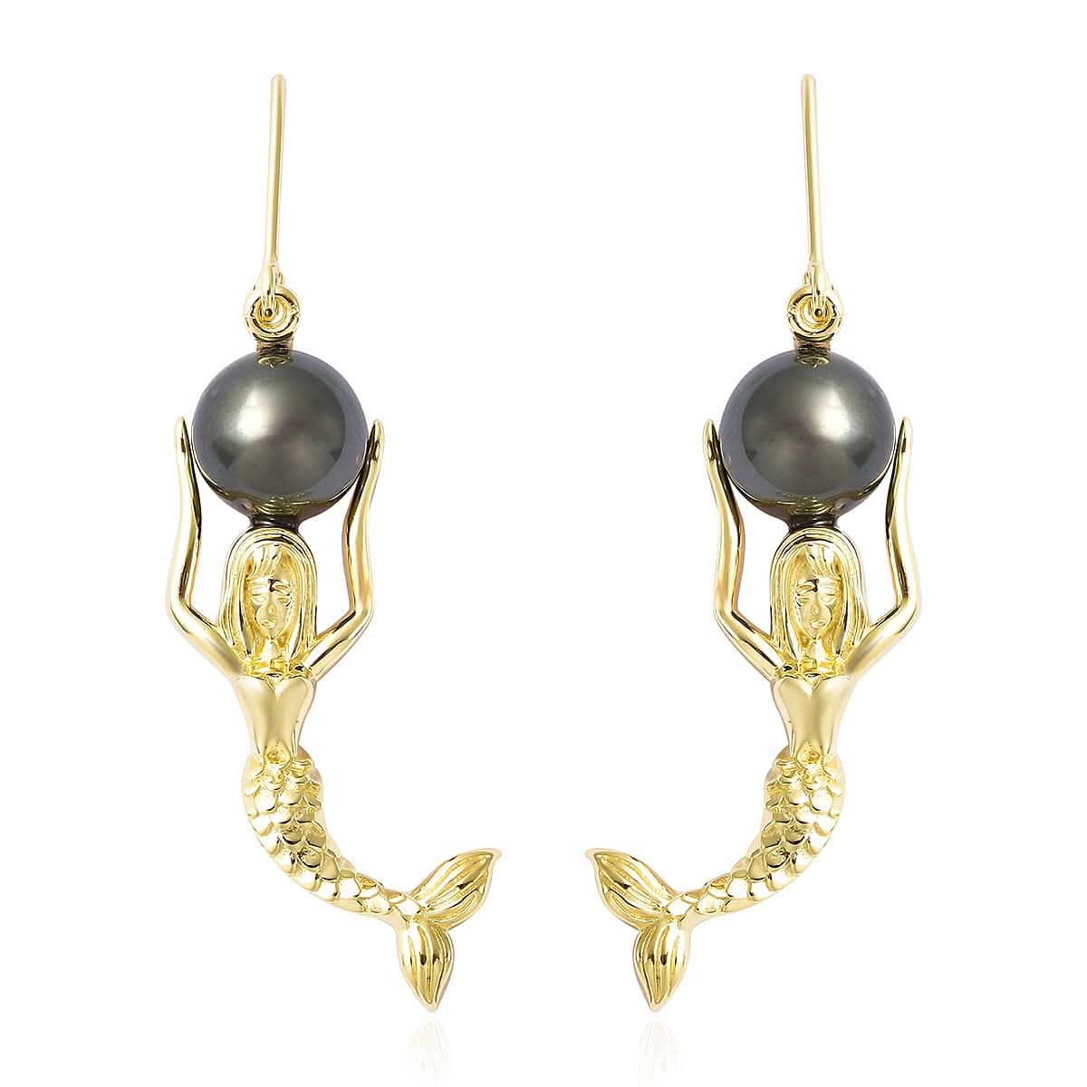 Tahitian Cultured Pearl Lever Back Mermaid Earrings in Vermeil Yellow Gold Over Sterling Silver 7.10 Grams