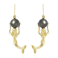 Tahitian Cultured Pearl Lever Back Mermaid Earrings in Vermeil Yellow Gold Over Sterling Silver 7.10 Grams