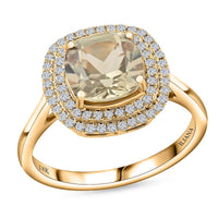 ILIANA 18K Yellow Gold AAA Turkizite and Diamond G-H SI Double Halo Ring 3.75 Grams 2.75 ctw