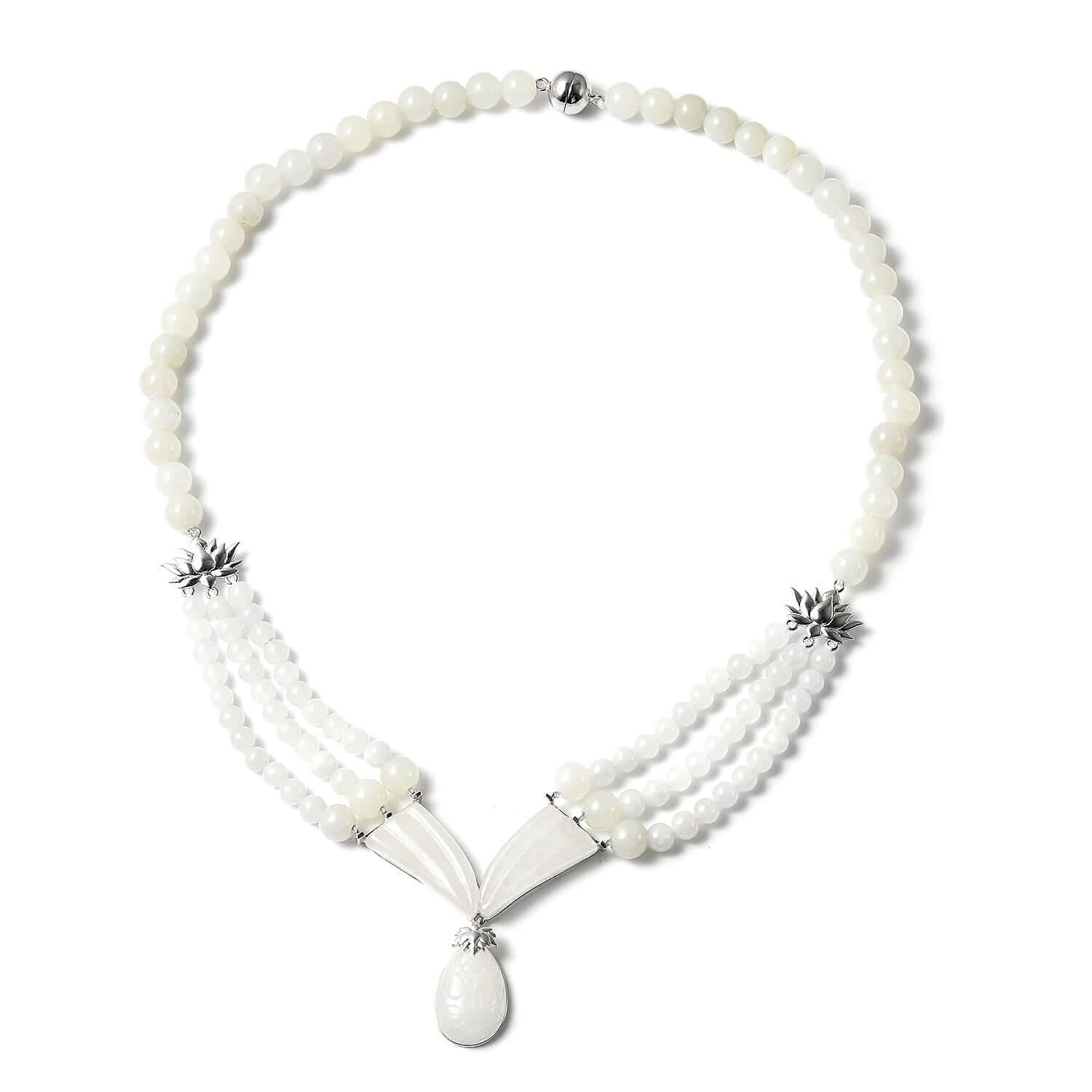 White Jade Beaded Necklace 20 Inches in Rhodium Over Sterling Silve 292.30 ctw