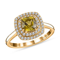 ILIANA 18K Yellow Gold AAA Sava Sphene and Diamond G-H SI Double Halo Ring (Size 7.0) 4.25 Grams 1.60 ctw
