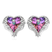 Angel Wing Austrian Red, White & Aurora Borealis Crystal Heart Earring in Rhodium Over Sterling Silver Jewelry