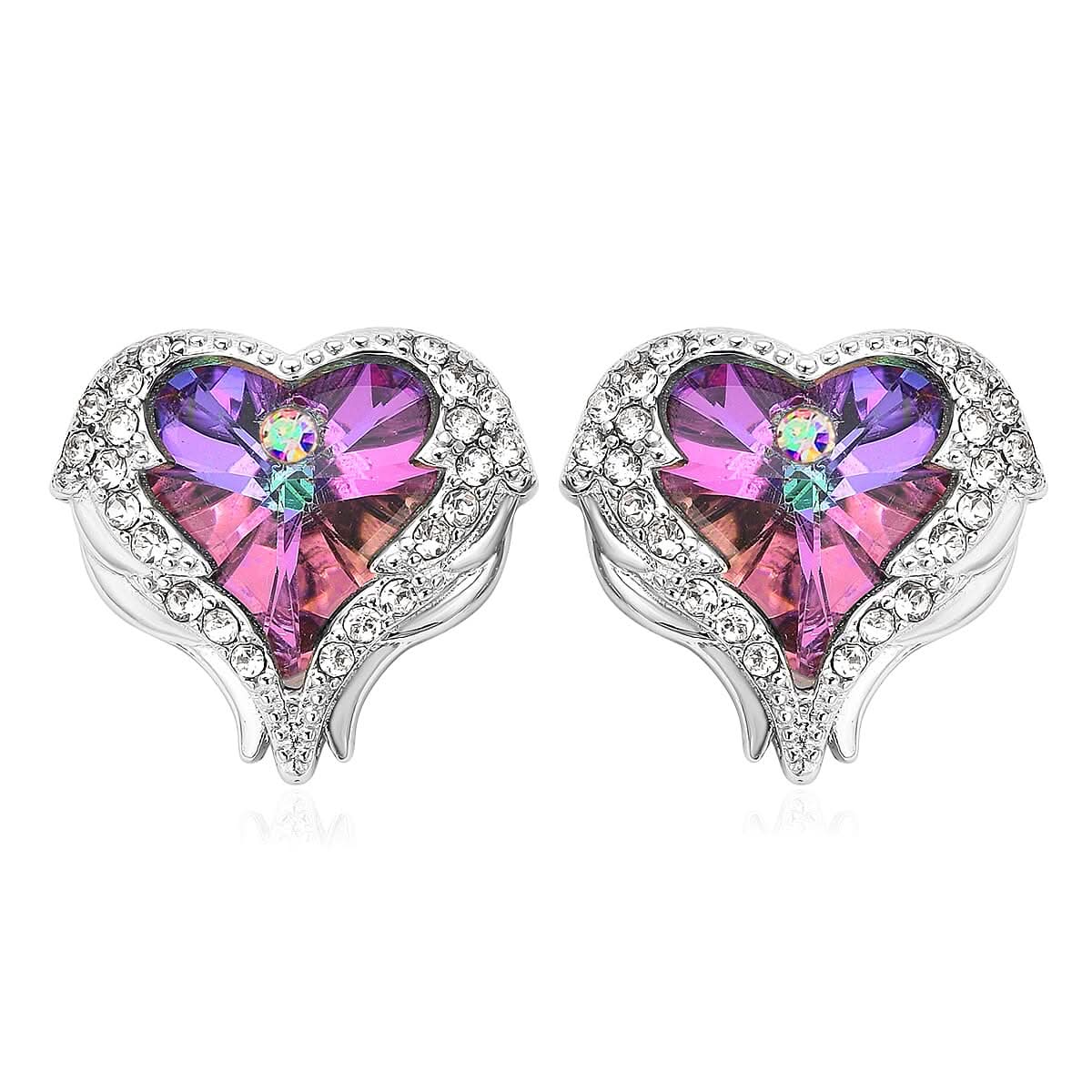 Angel Wing Austrian Red, White & Aurora Borealis Crystal Heart Earring in Rhodium Over Sterling Silver Jewelry (1)